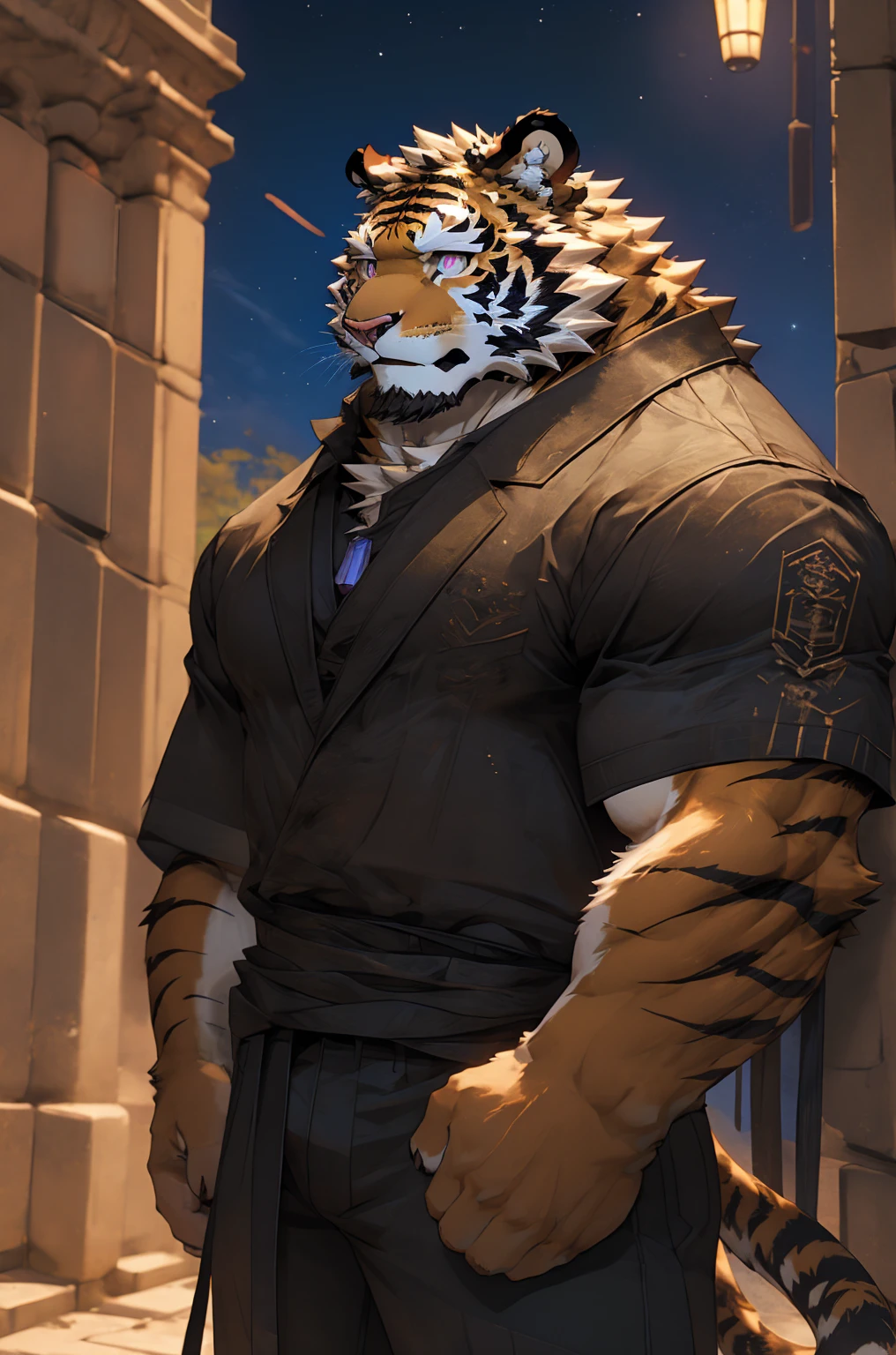 (Black Tiger),(clothing),Leaning against the wall,male,Real background,Black night,(Gem-like pink pupils),masterpiece,Very detailed,lifelike