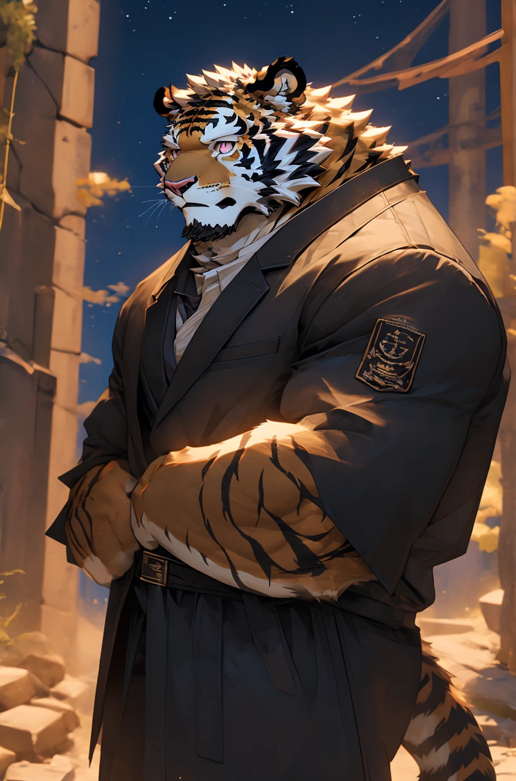 (Black Tiger),(clothing),Leaning against the wall,male,Real background,Black night,(Gem-like pink pupils),masterpiece,Very detailed,lifelike