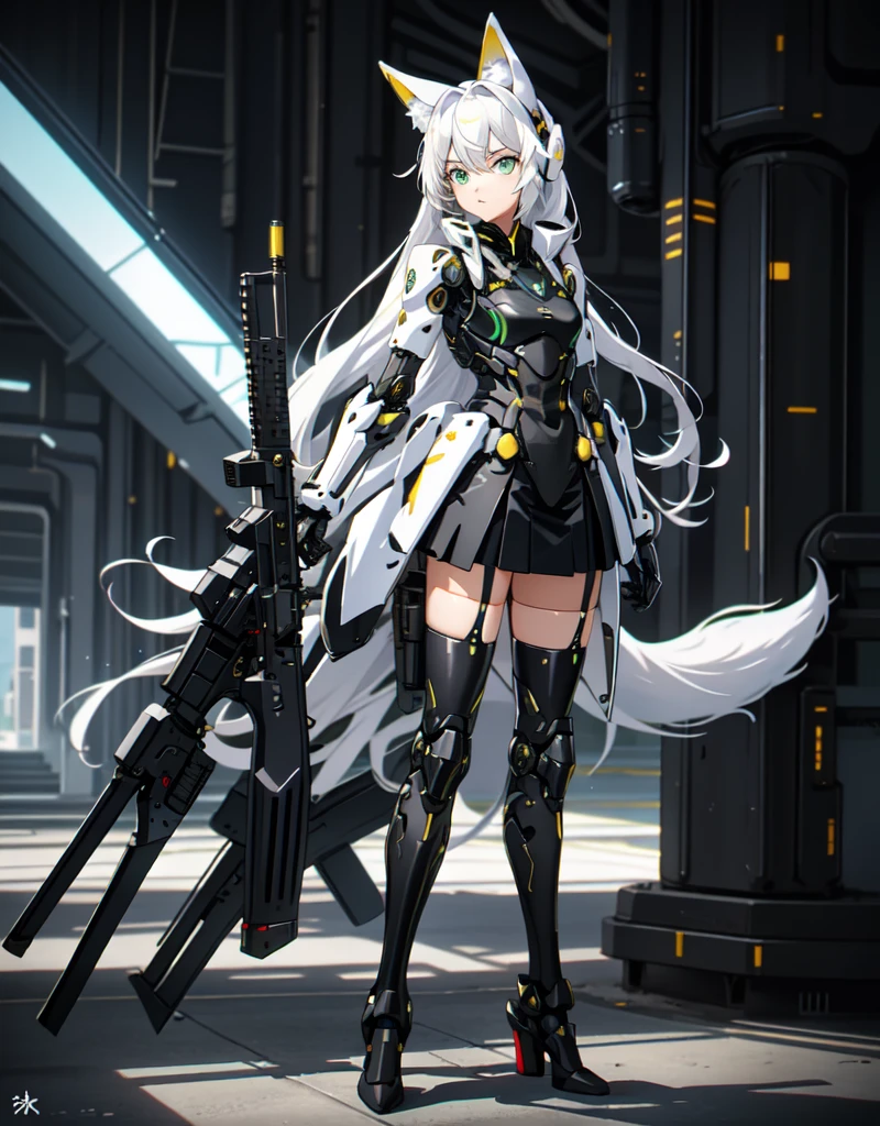 girl with partial light mecha top suit ((small neko ears)) and ((fox tail)), mechanical extensions, stokings, ((one leg has a_ black stocking)), the other leg is skin, holding a giant Sniper Rifle Pointed to the ground, Beautiful face with perfect sky-blue and green eyes, white hair, damaged oversized shirt over the suit which shows shoulders and skin. Futuristic wings with neon and rifles Cool dynamic pose, school skirt, mecha musume, mechanical parts, mecha, headgear, robot joints, full armor, becoming a mecha