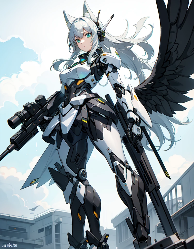 girl with partial light mecha top suit ((small neko ears)) and ((fox tail)), mechanical extensions, stokings, ((one leg has a_ black stocking)), the other leg is skin, holding a giant Sniper Rifle Pointed to the ground, Beautiful face with perfect sky-blue and green eyes, white hair, damaged oversized shirt over the suit which shows shoulders and skin. Futuristic wings with neon and rifles Cool dynamic pose, school skirt, mecha musume, mechanical parts, mecha, headgear, robot joints, full armor, becoming a mecha