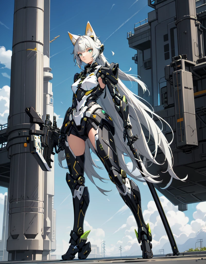 girl with partial light mecha top suit ((small neko ears)) and ((fox tail)), mechanical extensions, stokings, ((one leg has a_ black stocking)), the other leg is skin, holding a giant Sniper Rifle Pointed to the ground, Beautiful face with perfect sky-blue and green eyes, white hair, damaged oversized shirt over the suit which shows shoulders and skin. Futuristic wings with neon and rifles Cool dynamic pose, school skirt, mecha musume, mechanical parts, mecha, headgear, robot joints, full armor, becoming a mecha