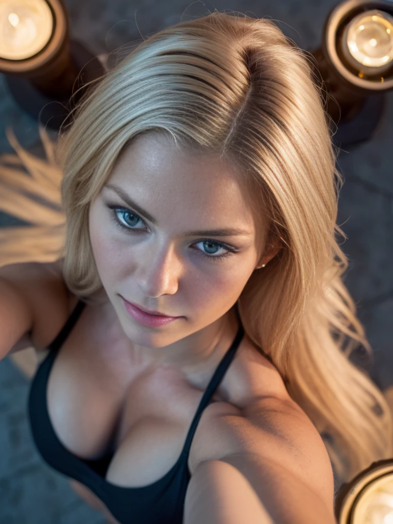 (selfie shot, from above:1.8), RAW UHD portrait photo of an 18-year-old blonde in lingerie, walking down a dark alley, (muscular woman:1.7), natural small muscular chest, Bizeps, night city background, (Red summer dress), (Decollete), Detailed (Textures!, balck hair!, shine, colour!!, Imperfections:1.1), highly Detailed glossy eyes, Head Leaning Back, (looking at the camera), specular lighting, dslr, Ultra quality, keen focus, Thanks sharp, Depth of field, film grain, (centered), Fujifilm XT3, crystal clear, Center of the frame, cute face, keen focus, Street lamp, neon lights, bokeh, (dimly lit), reserved, in the night time, (night sky) Detailed skin pores, oiled skin, tan, intricate eye details, blonde hair