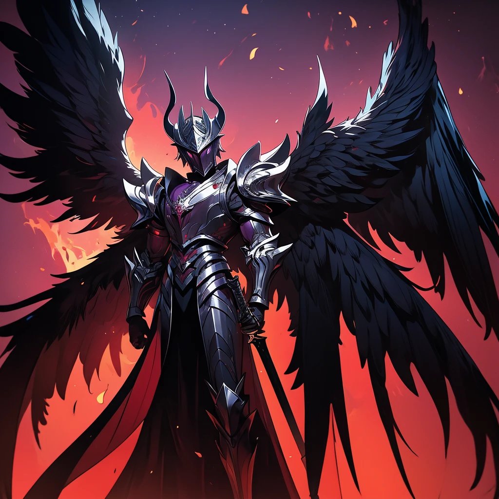 argus, red wings with black, fire wings, black armor with red edges, sword mitica, scene in crimson forest, escenario luna de blood, fire in the face, aurora of fire, purple background, fire in the wings, blood, luna de blood, blood en las alas, ultra hd, high quality, maximum quality, Fallen Angel, argus, full body, red armor, black background, escenario luna de blood, black wings, black edges, absurd resolution, High resolution, (masterpiece), alas de blood, fire wings, Fire ring, dark dawn, red aura, sword, sword maestra, mythic sword, carmesi moon background, purple background, 2 men, (((masterpiece))), 2 remedies, best sword, black hair, red eyes, purple eyes, 2 legs