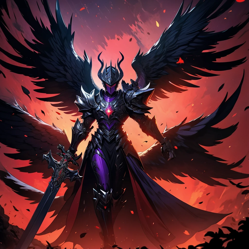 argus, red wings with black, fire wings, black armor with red edges, sword mitica, scene in crimson forest, escenario luna de blood, fire in the face, aurora of fire, purple background, fire in the wings, blood, luna de blood, blood en las alas, ultra hd, high quality, maximum quality, Fallen Angel, argus, full body, red armor, black background, escenario luna de blood, black wings, black edges, absurd resolution, High resolution, (masterpiece), alas de blood, fire wings, Fire ring, dark dawn, red aura, sword, sword maestra, mythic sword, carmesi moon background, purple background, 2 men, (((masterpiece))), 2 remedies, best sword, black hair, red eyes, purple eyes, 2 legs