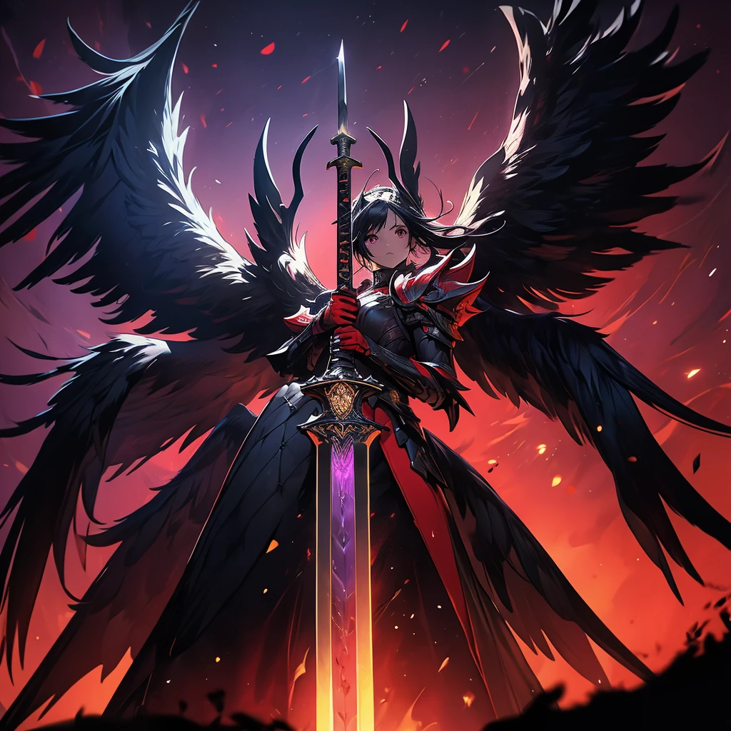 argus, red wings with black, fire wings, black armor with red edges, sword mitica, scene in crimson forest, escenario luna de blood, fire in the face, aurora of fire, purple background, fire in the wings, blood, luna de blood, blood en las alas, ultra hd, high quality, maximum quality, Fallen Angel, argus, full body, red armor, black background, escenario luna de blood, black wings, black edges, absurd resolution, High resolution, (masterpiece), alas de blood, fire wings, Fire ring, dark dawn, red aura, sword, sword maestra, mythic sword, carmesi moon background, purple background, 2 men, (((masterpiece))), 2 remedies, best sword, black hair, red eyes, purple eyes, 2 legs