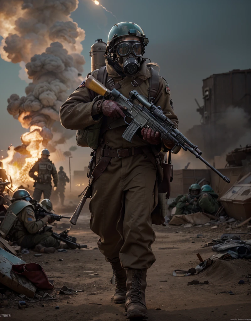 male soldier, maroon iron helmet, yellow steampunk gas mask, maroon style military uniform with cyan details, logo, long winter trench coat, oxygen tank on his back, belts with ammunition, military boots, carries a style assault rifle, is on a in a post-apocalyptic desert, explosions, lots of ice and fire, dead soldiers, ultra detailed, hyper realistic, battlefield, 4k, ultra detailed image, realistic, highly detailed, perfect composition, splendid, intricately detailed, incredibly detailed, Artistic photography in 8K, hyper detailed, Masterpiece