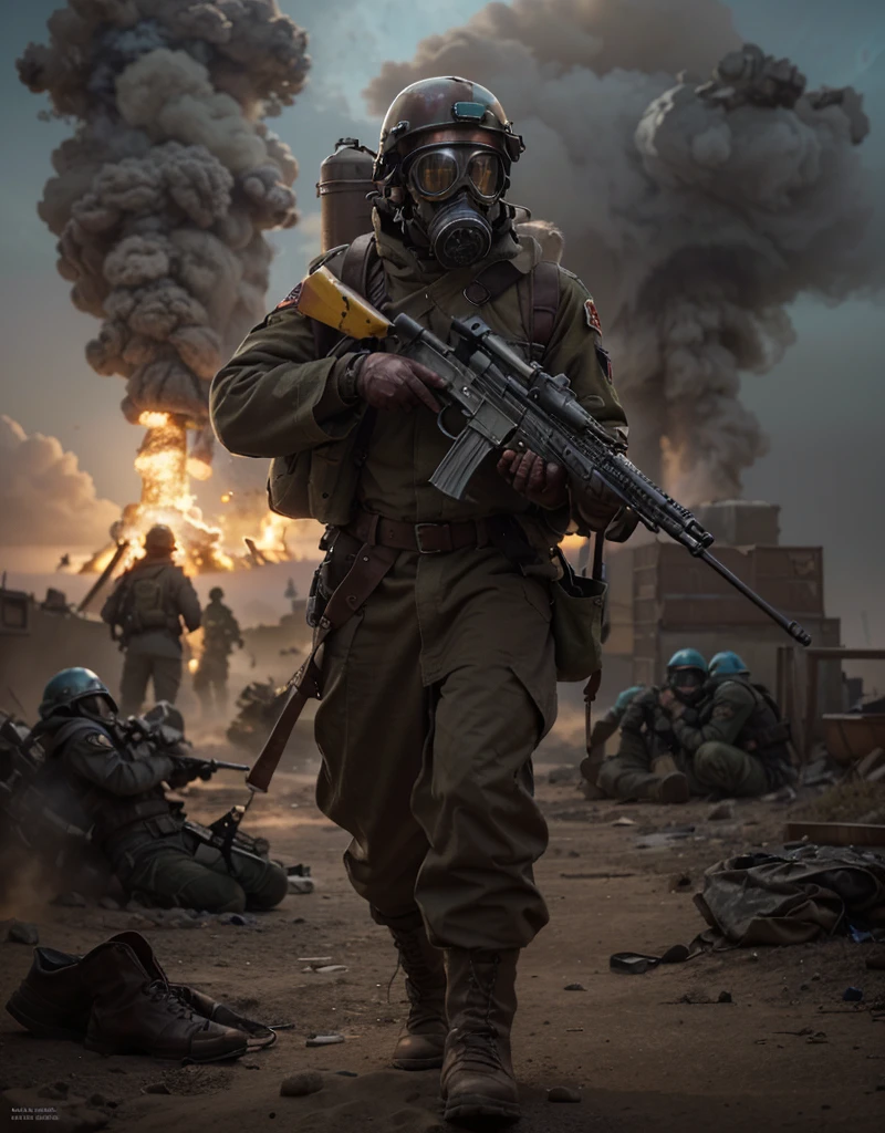 male soldier, maroon iron helmet, yellow steampunk gas mask, maroon  style military uniform with cyan details,  logo, long winter trench coat, oxygen tank on his back, belts with ammunition, military boots, carries a  style assault rifle, is on a in a post-apocalyptic desert, explosions, lots of ice and fire, dead soldiers, ultra detailed, hyper realistic, battlefield, 4k, ultra detailed image, realistic, highly detailed, perfect composition, splendid, intricately detailed, incredibly detailed, Artistic photography in 8K, hyper detailed, Masterpiece