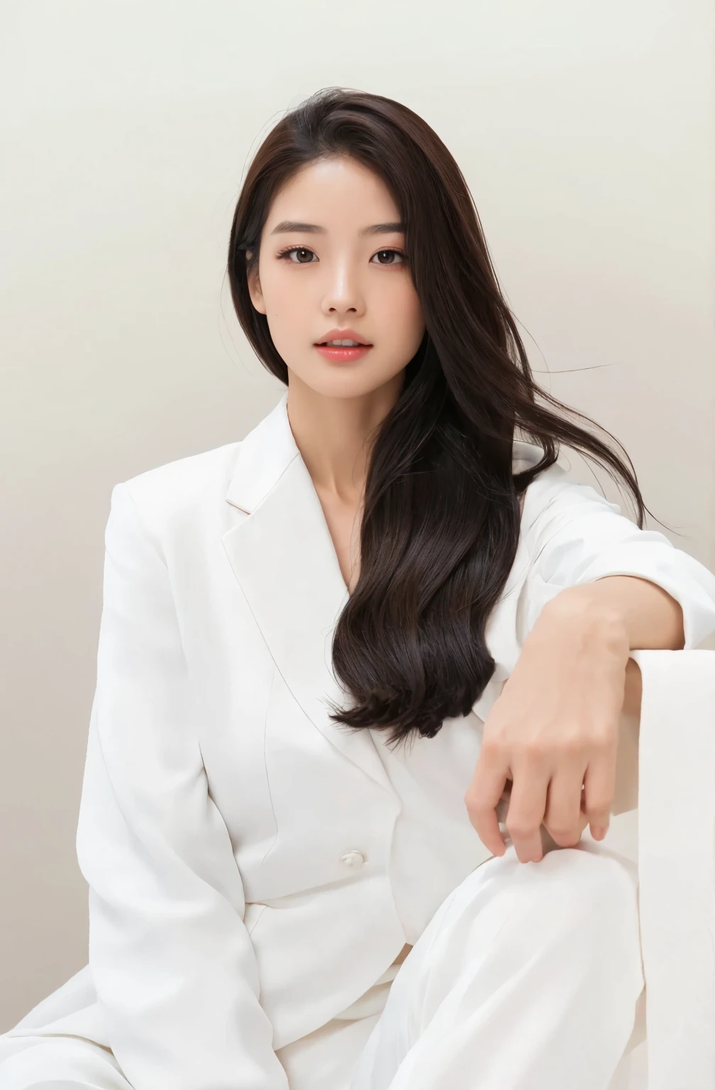 （In reality， high resolution：1.3, masterpiece, 8K, best quality, ultra detailed, studio shoot, photo realistic:1.4, photography ）, korean girl, ((Dark Brown Hair)), Perfect Body Beauty: 1.4, Slim Abs: 1.1, very beautiful face, realistic eyes, Ultra-Detailed Face, Detailed Lips, normal hand, glossy lips, glossy face, Highly detailed facial and skin texture, simple background, white suit, black shiny hair