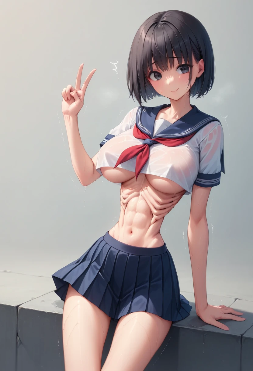 (masterpiece, best quality:1.2), front shot, beautiful 1girl, (super big breasts, micro waist, very long legs:1.4), Black hair, short bob hair, short height, scrawny and thin body, (retraction of abdomen:1.3), Light Skin, cute big eyes, cute beautiful thin face, forced smile, Modest, serafuku, mini skirt, pigeon-toed, V sign, Long and thin navel, (beautiful visible ribs:1.4), (Arched back, wet and sweaty, Trembling)