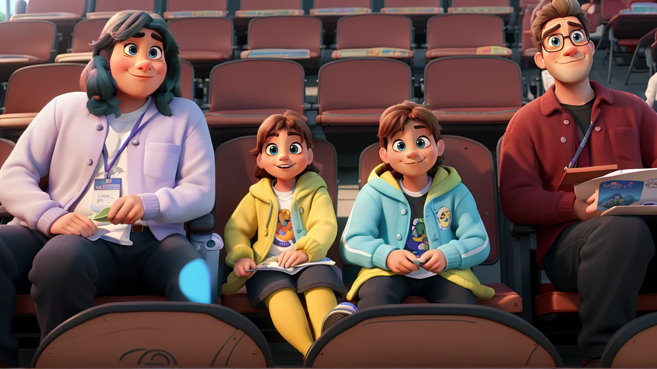 masterpiece, best quality, (extremely detailed CG unity 8k wallpaper), (best quality), (best illustration), (best shadow),A couple with two kids sitting in stadium, high quality photo, group photo, group portrait, commissioned, 8k quality, photo realistic in disney pixar style. high quality, 8k, master piece, 3d disney, disney pixar