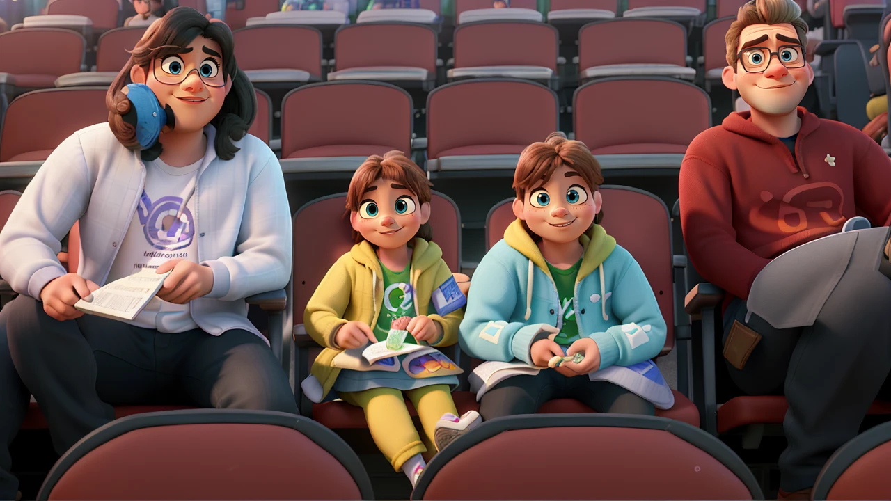 masterpiece, best quality, (extremely detailed CG unity 8k wallpaper), (best quality), (best illustration), (best shadow),A couple with two kids sitting in stadium, high quality photo, group photo, group portrait, commissioned, 8k quality, photo realistic in disney pixar style. high quality, 8k, master piece, 3d disney, disney pixar
