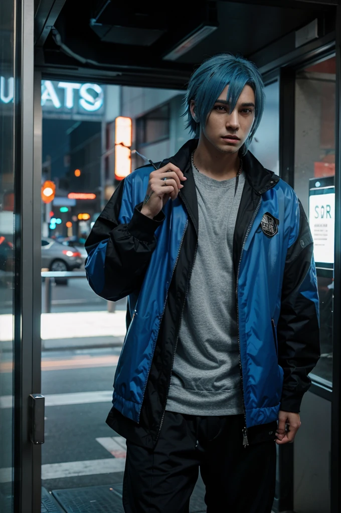 A handsome man with blue hair wearing clothes like cyberpunk, anime