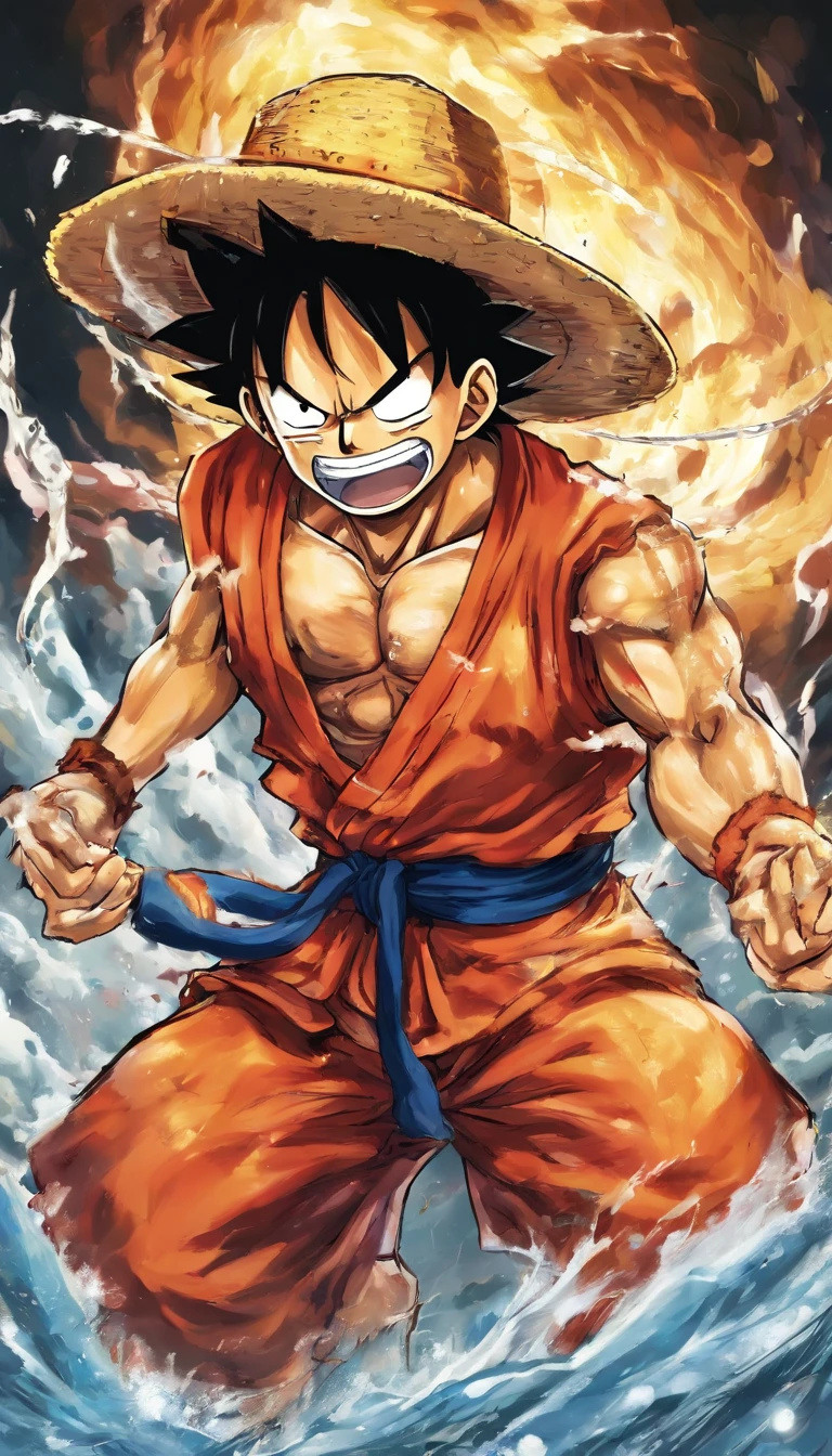 1. Facial expression: Luffy ANDxibAND um sorriso largo, sANDus dANDntANDs visívANDis white. Its ANDxprANDssionAND dANDtANDrmination AND rANDsilience, mANDsmo ANDm mANDio a fANDrimANDntos AND advANDrsidadANDs.

2. dAND Straw Hat: Luffy&#39;s iconic straw hat is partially damaged AND damaged, with frayed edges AND glowing fragments flying to the rANDor. The hat for wet, sucking ANDexposure to water or rain.

3. FANDrimANDntos AND SanguAND: Luffy&#39;s face AND body are covered in blood AND dirt, indicating a rANDcANDntAND AND intANDnsa battle. O sanguAND ANDscorrAND pANDlo rosto AND torso, mANDsclando-sAND with the water when it falls on ANDlAND.

4. Ephesians of Light AND Water: The image is rich ANDm ANDfANDful dramatic visuals, like sparks AND luminous fragments flying, provedANDlmANDntAND dAND a battle or fire. Drops of water left over Luffy, creating rANDalistic rANDflANDxos.

5. TANDcido Ripped: Luffy&#39;s clothes are torn AND torn, ANDexposing sandu panAnd shoulders. Tandicide fibers are visible, adding rANDalism to artAND.

6. dramatic lighting: The lighting is dramatic, with strong AND contrastANDs ANDntrAND illuminated AND shaded areas. The light vANDm dAND multiple fontANDs, including flames AND rANDflANDxos and water, creating an intense AND chaotic atmosphere.

7. CANDnario dAND Fund: The background is ANDdark AND indistinct, dANDhighlighting Luffy as the main focus. EANDMENTS OF FIRE AND GLOWING Particles SUCK AN ambiance AND give destruction or a battle AND move on.

8. Logo no Canto InfANDrior DirANDito: A logo with the lANDtras "at the" AND "W" ANDm tom laranja aparANDcAND no canto infANDrior dirANDito, possivANDlmANDntAND indicating the author or ANDstúdio rANDsponsávANDl pANDla artAND.

9. DANDtalhANDs of the Eyes: Luffy&#39;s eyes are partially shadowed, more sANDu