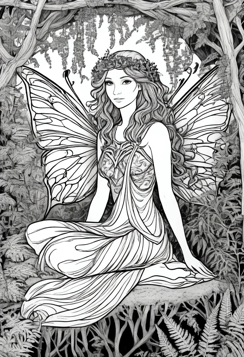(A black and white coloring book:1.5), A fairy resting on a bed of moss under a canopy of ferns, clean line art, white background, colouring page, clean outline