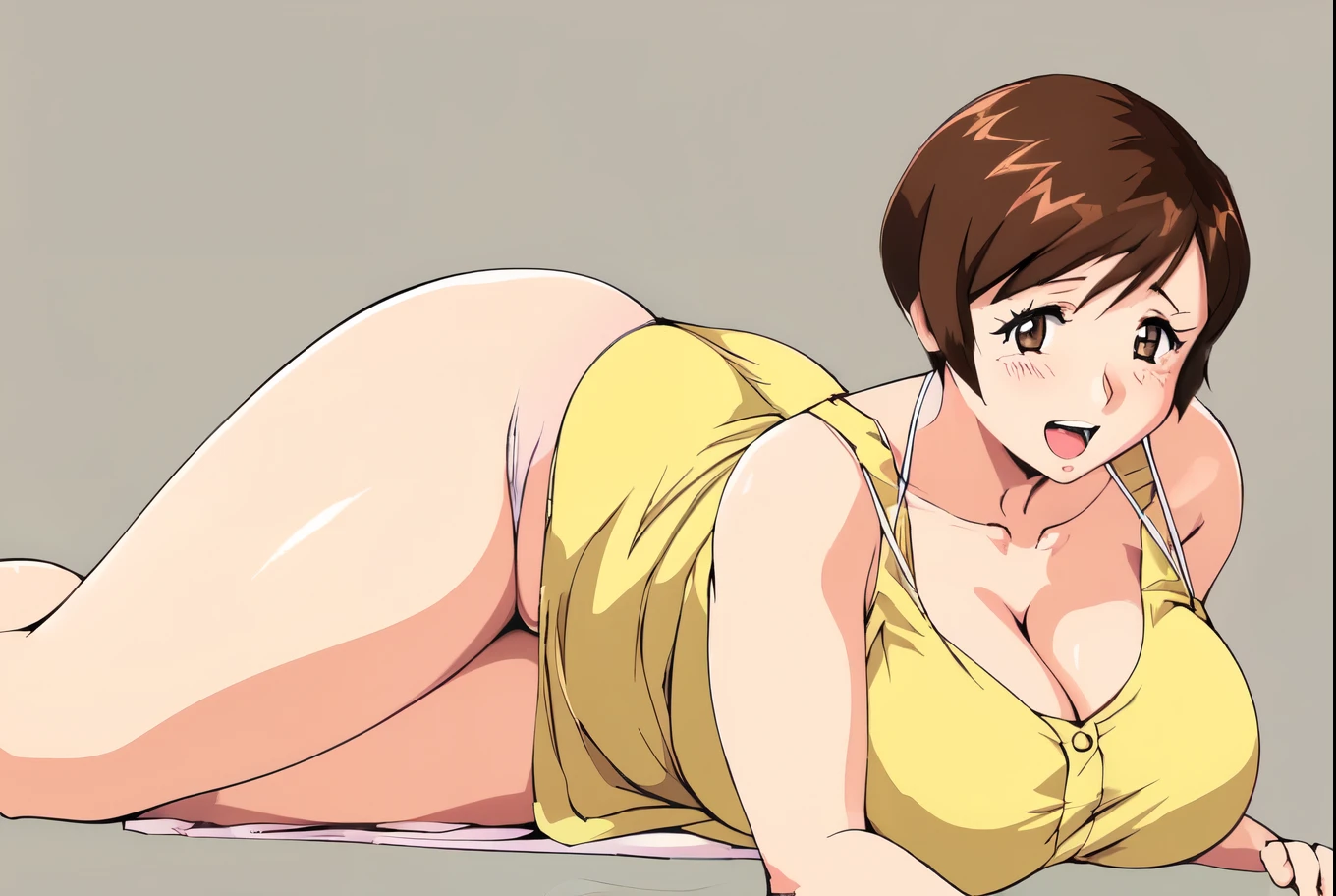 masterpiece, highest quality, High resolution, One girl, solo, sexual intercourse, Pornographic images, short hair, etsukoto, brown Eyes, fine grain, fine grain, (((Thick thighs, Plump thighs, Voluptuous thighs, Thighs alone are enough))), Huge and ample breasts, Cleavage, big long breasts, Naughty big,((big breasts are important))、((Naughty thighs)), L Cup, (thin:1.4),(Tight waist:1.4), (yellow micro dress:1.4), ((white waist apron)), smile, open mouth, blush, white panties, (((Simple Background))), ((Wide Hips)), Shiny, Oily skin, Mature mother, Calf, Seductive mature woman, milf, Perfect body, Plus Size Model, curvy, ample, etsukoto, blush, clavicle, retro artstyle, 1990s (style), (thick thighs:1.4), lying, side on,
