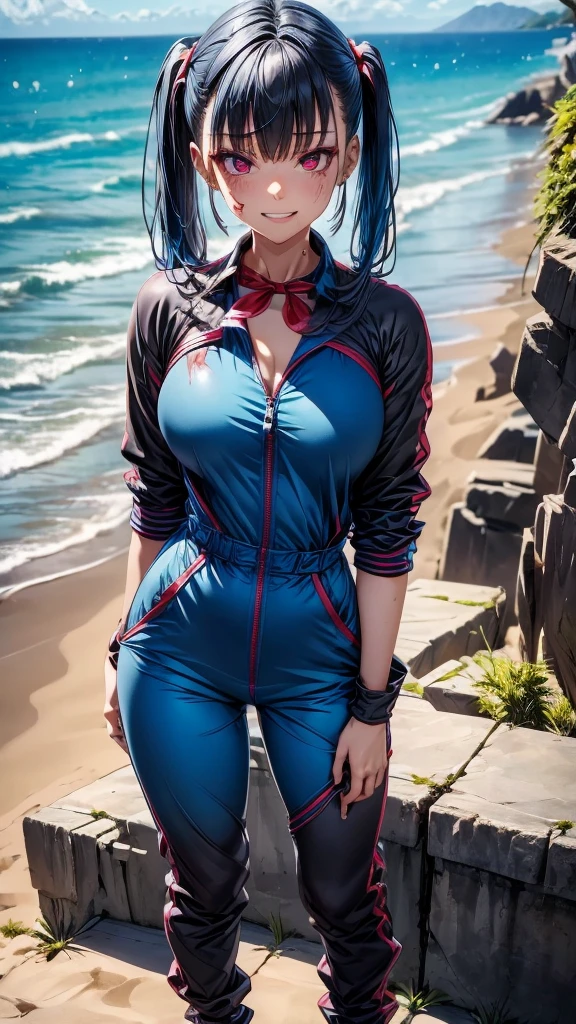 1 girl, Youngh, psychopathic expression, navy blue hair, blood red eyes 2.0, ((cyan blue jumpsuit)), sharped teeth ((gaping mouth)), wearing blue jumpsuit with zipper (( jumpsuit going from the neck to mid-thighs: 1.0)), visible thighs,  shoulders and arms completely visible 1.5, beach scenery, 8K, posing on a rock, blood-stained scenery, ultra realisticdetails, pigtails 2.0, 170 cm tall, short hair 1.2 ( (at neck height)), square bangs 