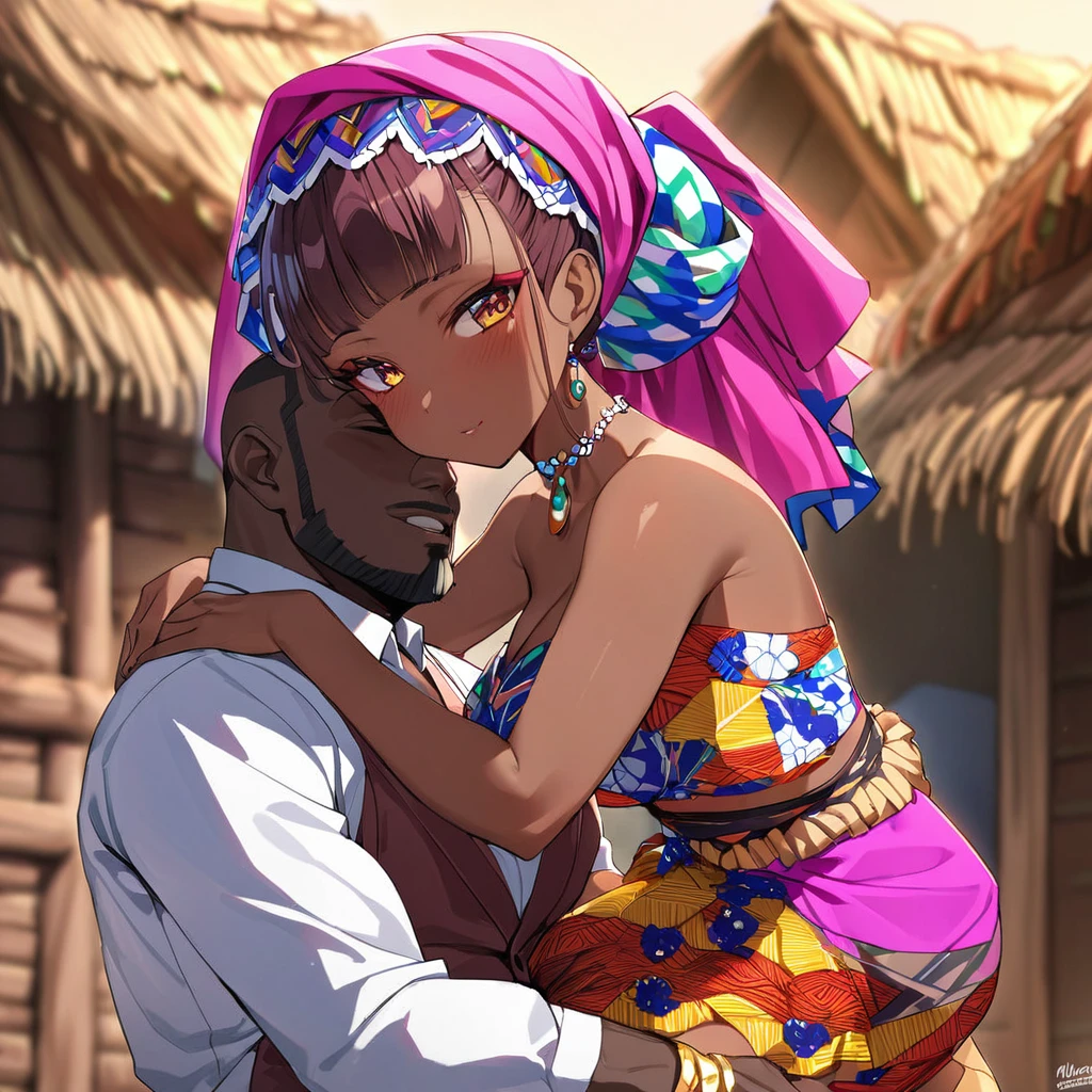 ((Highest quality)), ((masterpiece)), (detailed), （Perfect Face）、The woman is Momo Belia Deviluke, a Ghanaian by birth, with a vibrant dark skin, and is wearing a vibrant Ghanaian dress, a vibrant headscarf, gorgeous jewellery and an engagement ring.、The woman is the elegant Momo Belia Deviluke, with short pink bob hair, a colorful Ghanaian dress, a colorful headscarf, and vivid dark brown skin. She is a natural-born black and Ghanaian.、（The woman is a black Ghanaian with vivid dark brown skin.）、The woman is seen in a Ghanaian village, cuddling with a dignified, muscular, bearded, middle-aged Ghanaian man.、The man is the woman&#39;s husband, a dignified, muscular, middle-aged Ghanaian with a beard, wearing colorful Ghanaian traditional clothing and wearing an engagement ring.