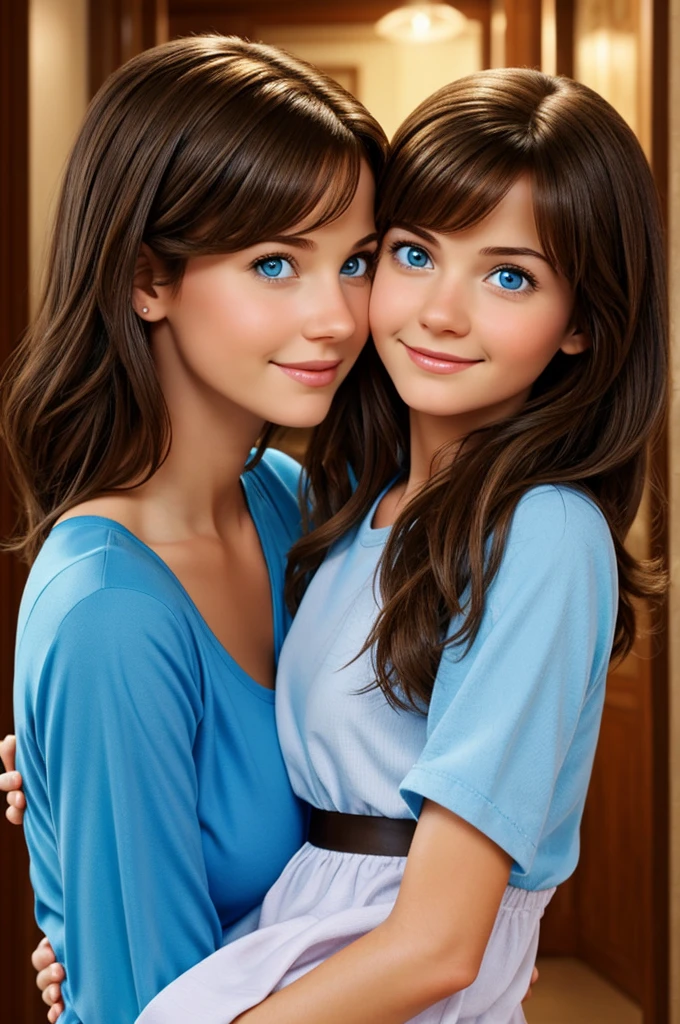 Disney pixar character 3d girl  blue eyes light brown hair carrying her mother a young girl of 17 years thiark brown hair brown eyes 