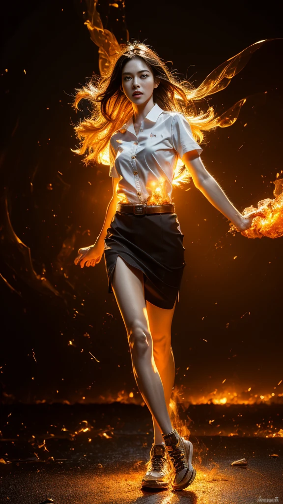 (fire element:1.1), medium long shot, It consists of fire element,fire,transparency,burning,(molten rock),Frame print,burning hair,smoke,cloud,chopped, girl engulfed in flames, Flames fly and sparks scatter,mano burning,translucent luminescence, 18s woman in thai university uniform, long straight fire hair, white shirt, black tight mini skirt, brown belt, white sneakers, masterpiece:1.2, high detail, realistic, cinematic scene, fire goddess, perfect figure, 16k, close up, portrait photo, dynamic powerful pose