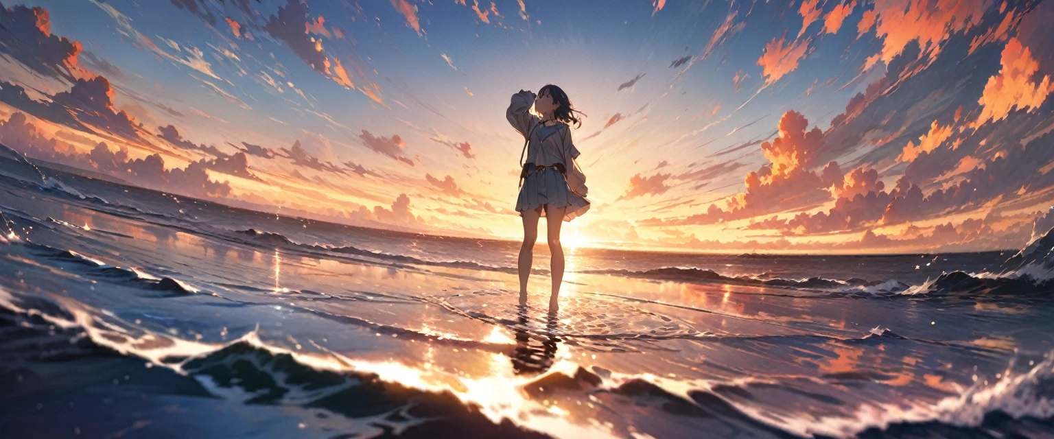 girl standing, ocean, sunset, water mirror, sky reflection, looking up to the sky, ultra detailed, official art, masterpiece, illustration