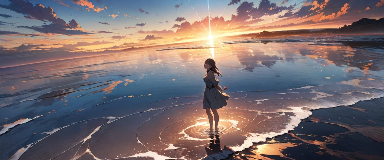 girl standing, ocean, sunset, water mirror, sky reflection, looking up to the sky, ultra detailed, official art, masterpiece, illustration