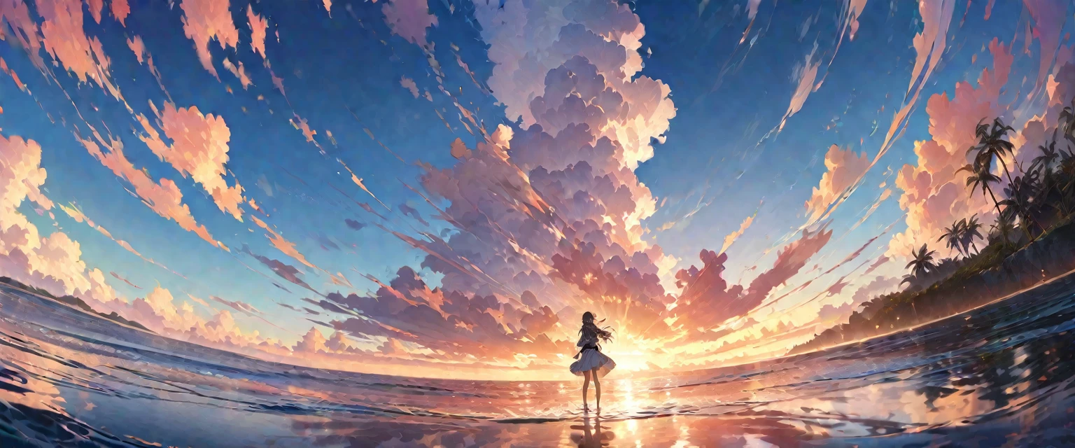 girl standing, ocean, sunset, water mirror, sky reflection, looking up to the sky, ultra detailed, official art, masterpiece, illustration