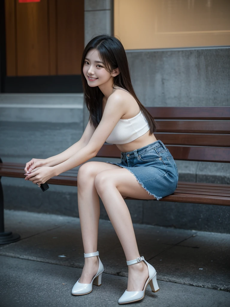 Stunning photorealistic masterpiece, best quality, 8K, HDR, raw photo, Kodak film, using Leica camera 24mm wide angle lens, soft colors, full body shot from low angle looking up, a taiwanese shoeshine girl, sitting sideways on a small bench back against the wall of the arcadee, sideways photo facing the audience, with a shoe polishing tool box in front of she, wearing a tube top and denim mini skirts. Her smiling eyes and smile conveyed an optimistic and unrestrained heart. The background was the street scene of Ginza, Tokyo. The surrounding atmosphere was gloomy and the lights focus on the girl in the overall dark atmosphere.
