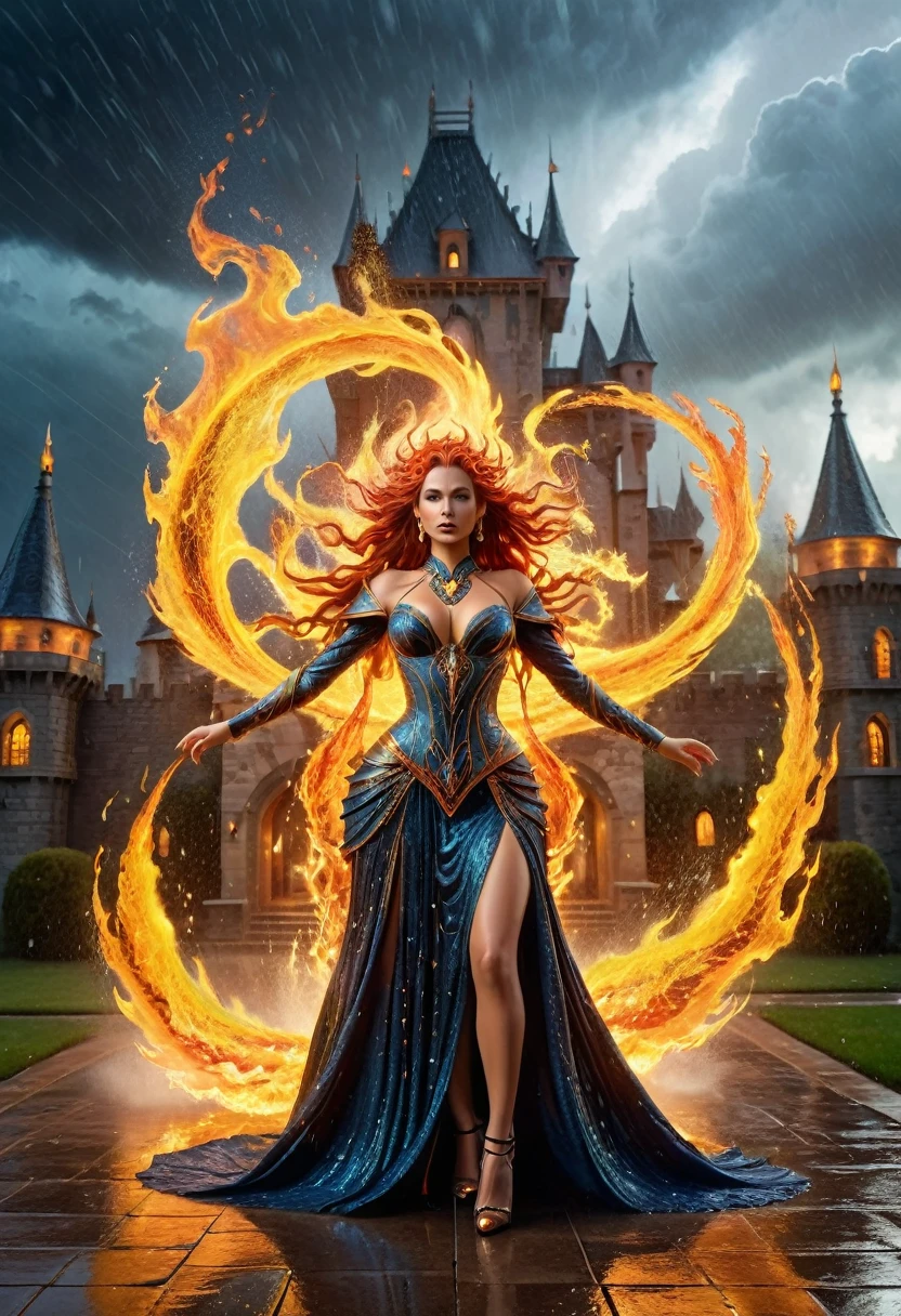 a sorceress of fire making fire dance in a the (storm of rain: 1.3), a most exquisite beautiful sorceress, controlling fire manipulating fire, a woman, dynamic hair color, dynamic hair style, (most beautiful face: 1.3), (ultra detailed face: 1.2), wet hair, wet face, dynamic eyes color, full body shot, wearing dress made of fire, wearing intricate high heels, light make up, dancing in courtyard of a fantasy castle background, ((heavy rain drops: 1.1)), clouds in the sky, (anatomically correct: 1.4), (full body shot: 1.1) , vibrant, Ultra-high resolution, High Contrast, (masterpiece:1.5), highest quality, Best aesthetics), best details, best quality, highres, ultra wide angle, 16k, [ultra detailed], masterpiece, best quality, (extremely detailed),