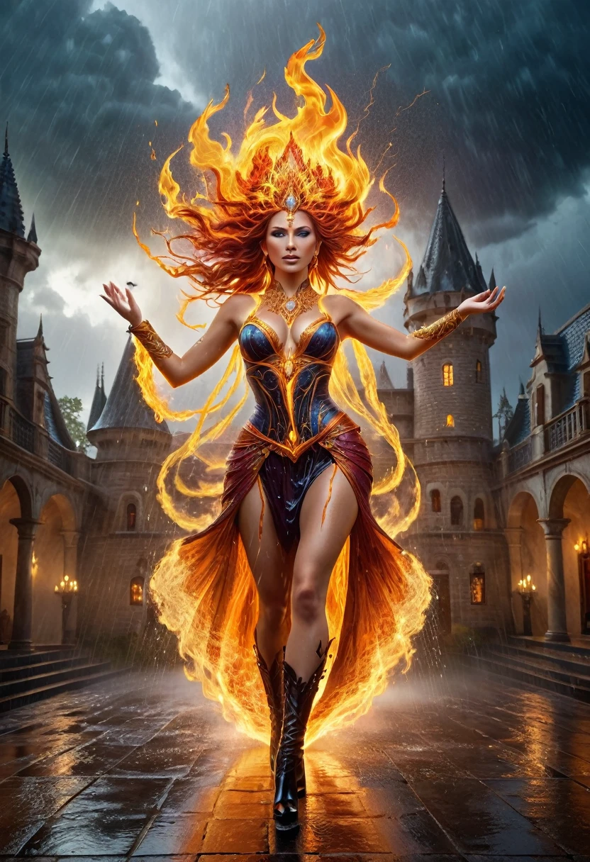 a sorceress of fire making fire dance in a the (storm of rain: 1.3), a most exquisite beautiful sorceress, controlling fire manipulating fire, a woman, dynamic hair color, dynamic hair style, (most beautiful face: 1.3), (ultra detailed face: 1.2), wet hair, wet face, dynamic eyes color, full body shot, wearing dress made of fire, wearing intricate high heels, light make up, dancing in courtyard of a fantasy castle background, ((heavy rain drops: 1.1)), clouds in the sky, (anatomically correct: 1.4), (full body shot: 1.1) , vibrant, Ultra-high resolution, High Contrast, (masterpiece:1.5), highest quality, Best aesthetics), best details, best quality, highres, ultra wide angle, 16k, [ultra detailed], masterpiece, best quality, (extremely detailed),