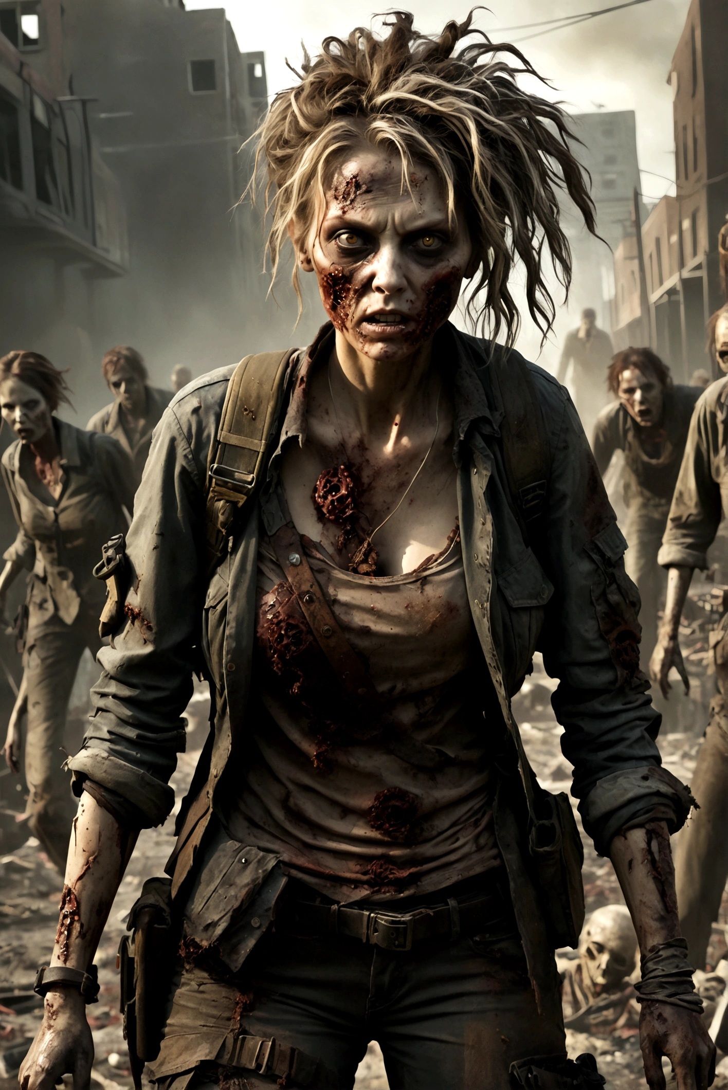 Create an image straight out of residence evil, zombie horror, pre and post apocalypse, create a women wearing post apocalypse tattered gear, messy hair, fighting to survive, dead bodies all round, the dead becoming undead zombies,