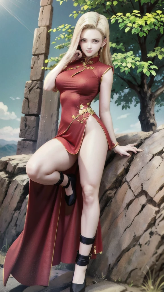 android 18,blonde hair,(((long hair))),blue eyes,(long slit red sexy cheongsam), (Red),looking at the audience,face smile,close-up, portrait, river,rock, ,tree,blue sky,high quality,masterpiece,sexy body, sexy Red Dress, red,perfect big breasts, Hyperrealistic intricate detail, Cinematic, 8K resolution, 70mm, Accent Lighting, Global Illumination, Full body portrait, clean detailed faces,