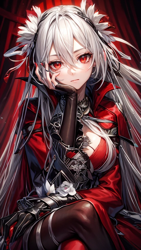 A young woman with long, flowing silver hair and piercing red eyes sits with her chin resting on her hand, gazing thoughtfully at the viewer. She is dressed in a red and black outfit with intricate details and a touch of lace, giving her a sophisticated and mysterious air. The lighting is warm and soft, highlighting her features and creating a sense of intimacy. erythrina flowers on the head.

[Anime style, detailed and realistic, inspired by the works of Mihoyo and Pixiv artists], [soft lighting, warm colors, smooth textures, slight blur effect on the background, shallow depth of field]