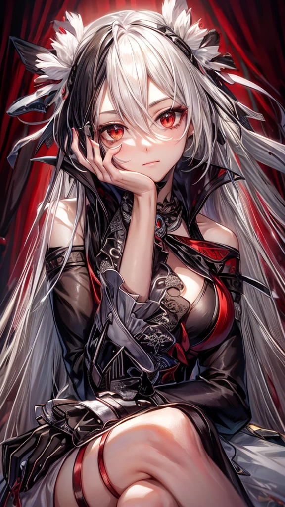 A young woman with long, flowing silver hair and piercing red eyes sits with her chin resting on her hand, gazing thoughtfully at the viewer. She is dressed in a red and black outfit with intricate details and a touch of lace, giving her a sophisticated and mysterious air. The lighting is warm and soft, highlighting her features and creating a sense of intimacy. erythrina flowers on the head.

[Anime style, detailed and realistic, inspired by the works of Mihoyo and Pixiv artists], [soft lighting, warm colors, smooth textures, slight blur effect on the background, shallow depth of field]