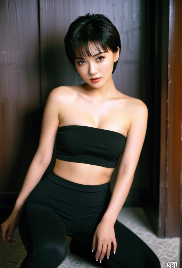 close-up of beautiful Chinese-Hongkong, Teresa Mak is a Chinese-Hongkong actress and model, Shan is a female character Street of Fury 1996 Chinese-Hongkong action movie, age 20 years old girl, youthful face, white skin body, perfect body, pixie cut, boy cut, standard black hair, flat bangs cut, bust size 34 inches, wearing a tight plain standard dark black bandeau tube top, wearing a tight plain standard dark black seamless spandex boyshort pant short leggings, Shan sits on the male-only gangster room, Shan holding breasts with her own two hands is very sexy and sigh, Shan squeezes the breasts very seductively, Shan lowered her strapless tube top a little bit, ((Shan held her breasts while lying down in the male-only gangster room)), ((Shan experienced arousal when her breasts became tense and made her look tempted)), Shan pees in her male-only gangster room while sighing and teasing, Shan pees herself, Shan pees herself wet, ((Shan pees in her male-only gangster room until her breasts are tense)), ((pees herself)), ((pees wet)), Shan's hair was held again by the male gangster leader, then the male gangster leader took the scissors and cut Shan's hair short again, strand by strand pieces of Shan's hair fell on the floor, now the remaining pieces of Shan's hair filled the floor, ((Shan's hair was cut again by the male gangster leader using the scissors)), ((Shan's hair was cut again by the male gangster leader while Shan peed herself until it was wet)), ((strand by strand pieces of Shan's hair fell on the floor)), sexy looking pose, pose a naughty look, pose looks seductive, at the male-only gangster room, male-only gangster room background, UHD