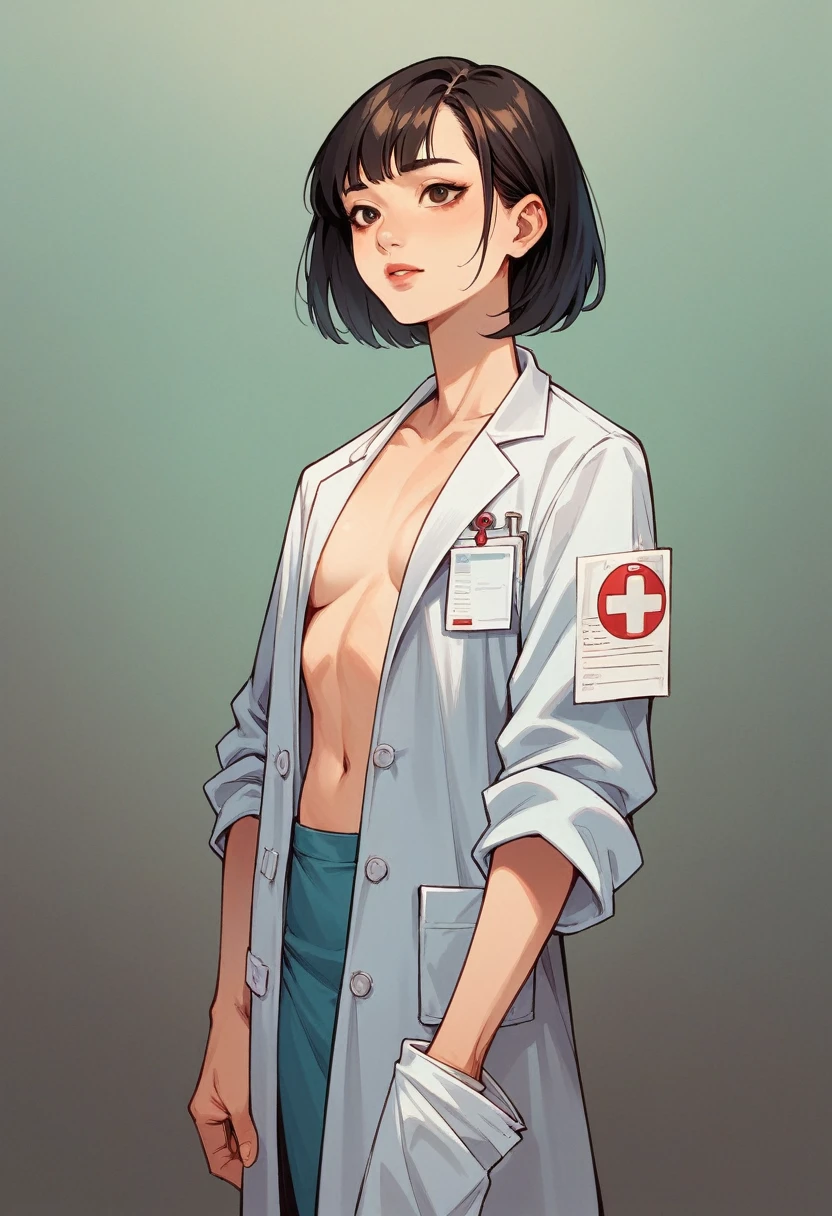 Asian guy, medium hair, medical coat, doctor, skinny 