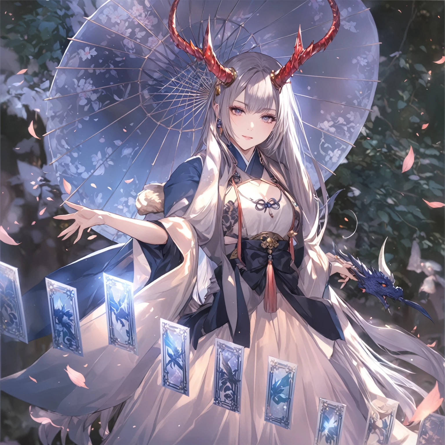 masterpiece, best quality, Fantasy aesthetics, Highly detailed, shadowverse style, female, japanese style, dragon horn