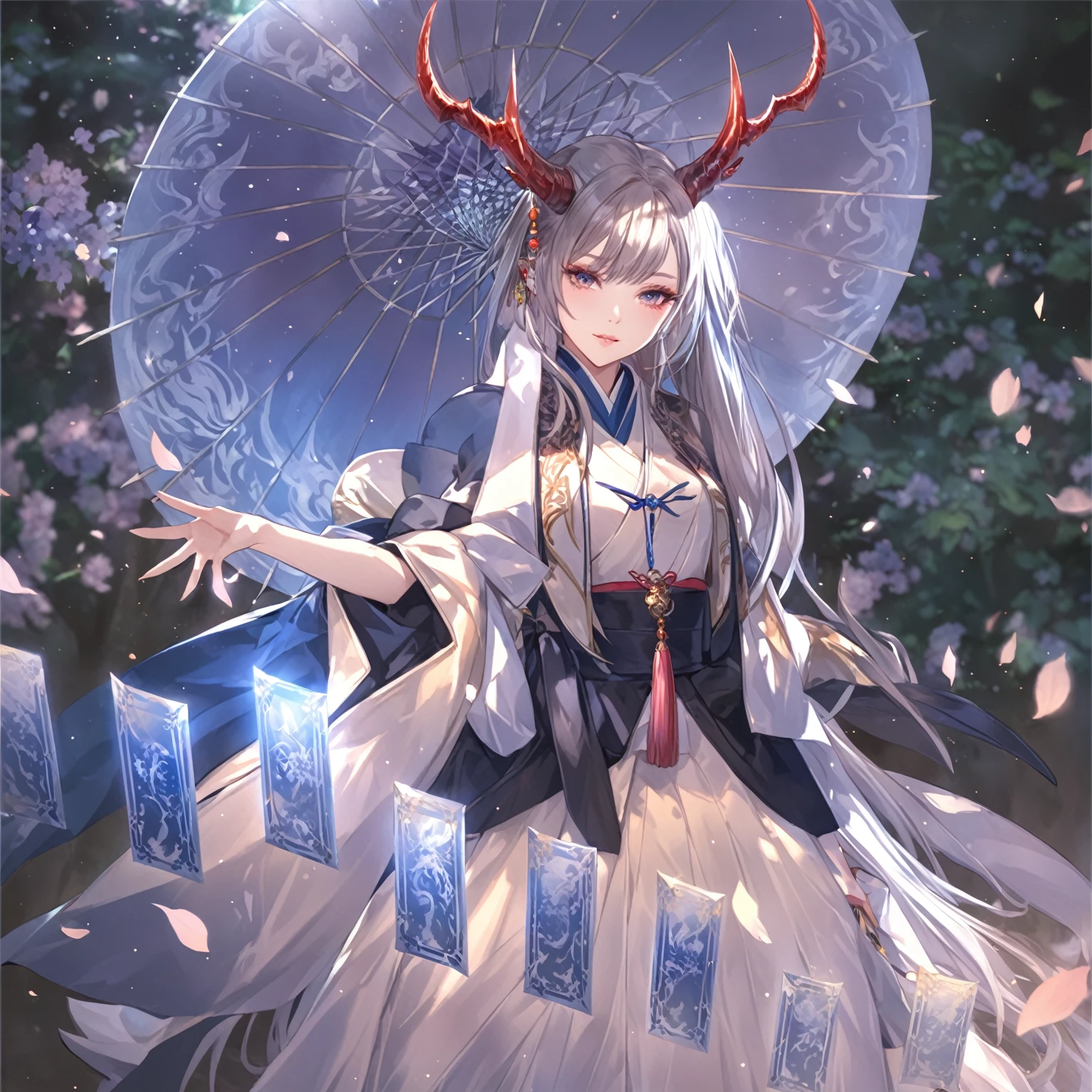 masterpiece, best quality, Fantasy aesthetics, Highly detailed, shadowverse style, female, japanese style, dragon horn