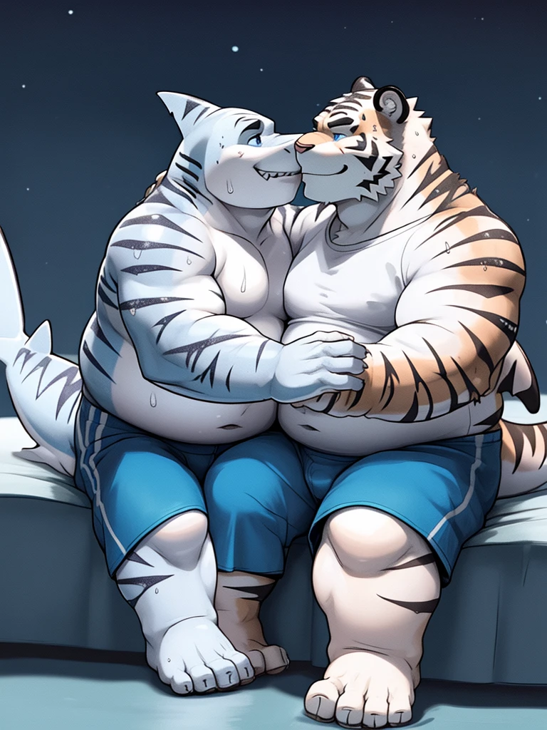 (New Jersey 5) anthro, White Tiger ,Chubby,Fat,Thick arms,) Rugged muscles,(((White skin))),Solitary,Chubby Face,Sky blue eyes,(sweat),(smirk:1.2),(White Tiger is sitting next to the other shark showing his feet kissing)
BREAK
(anthro Other Shark, smirk),(no t-shirt),(swim trunks),(White Tiger Sitting on the bed next to the shark wrapping each other's arms kissing),(Bedroom night),(panorama:1.2),