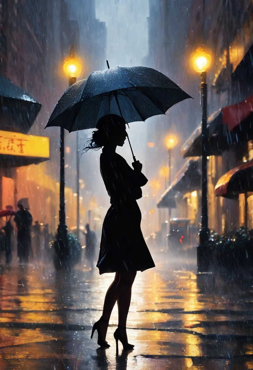 masterpiece, highly detailed, cinematic, 4k resolution, stunning, breathtaking, dramatic, Dancing in the Rain, impressionistic, woman, silhouette, cityscape, soft light, joyful, romantic, flowing hair, smiling, umbrella, streetlight, nostalgic, no blurry, no low resolution, no ugly, no deformed, no unrealistic, no cartoon, no anime