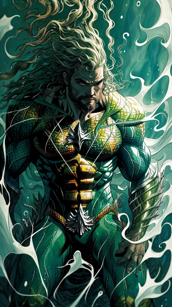 Aquaman sitting in style, close up, ethereal wind armor, in the style of mdrnkz3