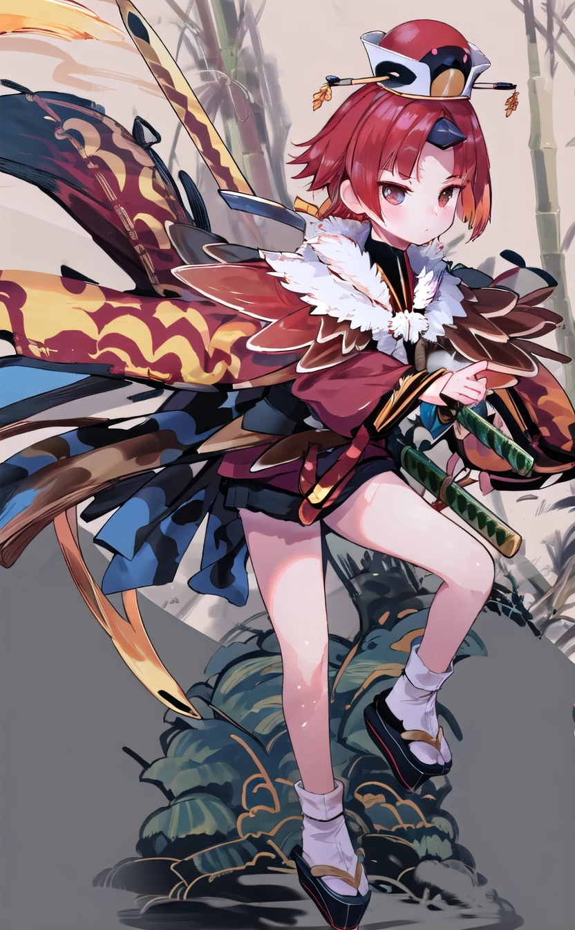 Exhibition Illustration,Masterpiece,first-class,1girl,beniennma,The perfect sword,Detailed sword,Straight Sword,short hair,Straight bangs,Redhead,Long sleeve,kimono,hat,Sleeves above the wrist,Rugged look:1.2,(Sword-holding pose:1.2)Bamboo 1.1,Small shed,night,剣がとても細かいです,刀,