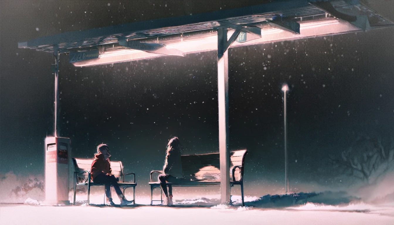 score_9, score_8_up, score_7_up, by rella, a girl sitting on a bench looking out in the night, sitting in a gas station, dark, nighttime, viewed from the back, spotlight on the girl, illuminated by a street light, blue colors, somber, peaceful, masterpiece. snowy, 
