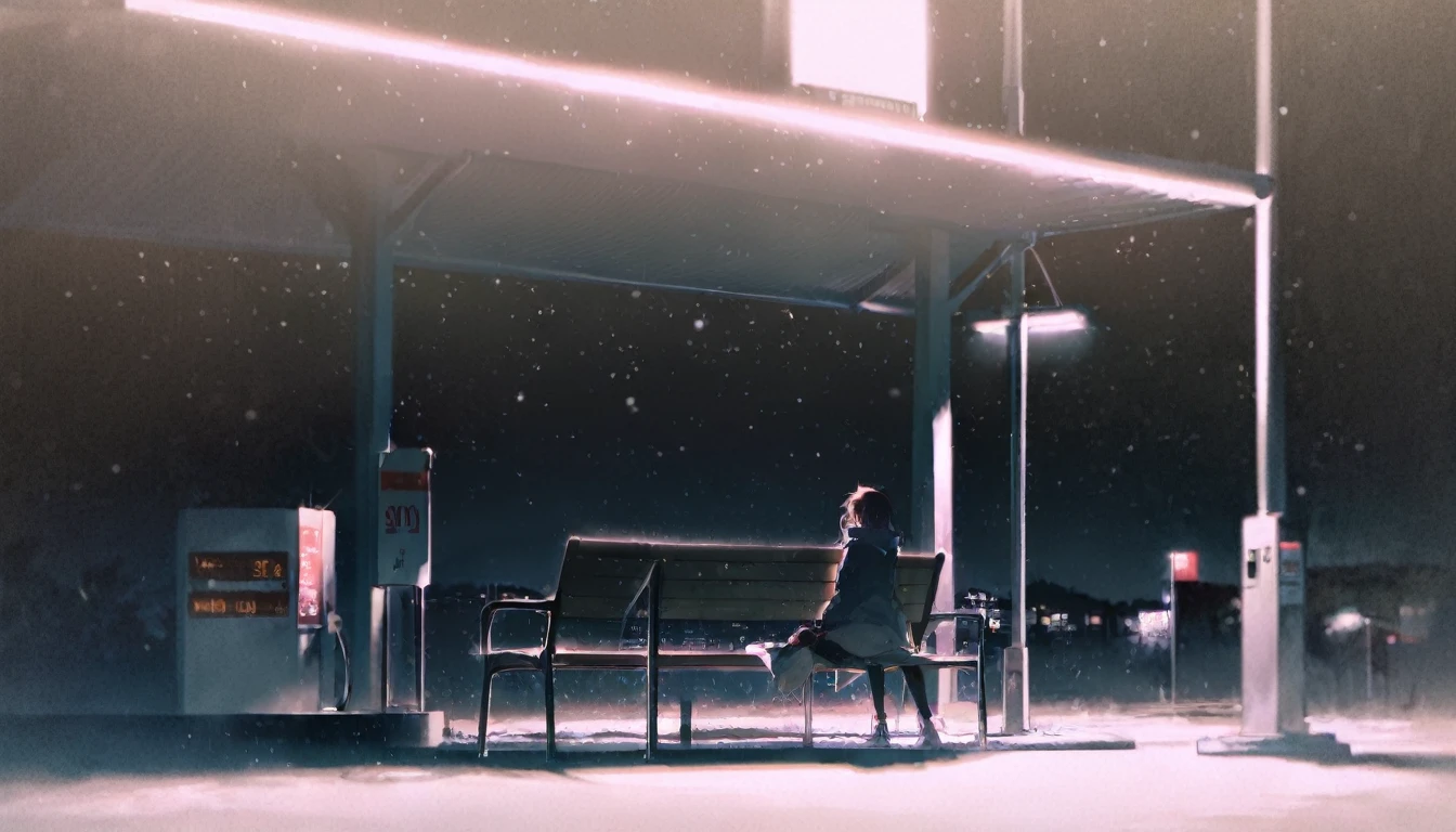 score_9, score_8_up, score_7_up, by rella, a girl sitting on a bench looking out in the night, sitting in a gas station, dark, nighttime, viewed from the back, spotlight on the girl, illuminated by a street light, blue colors, somber, peaceful, masterpiece. snowy,
