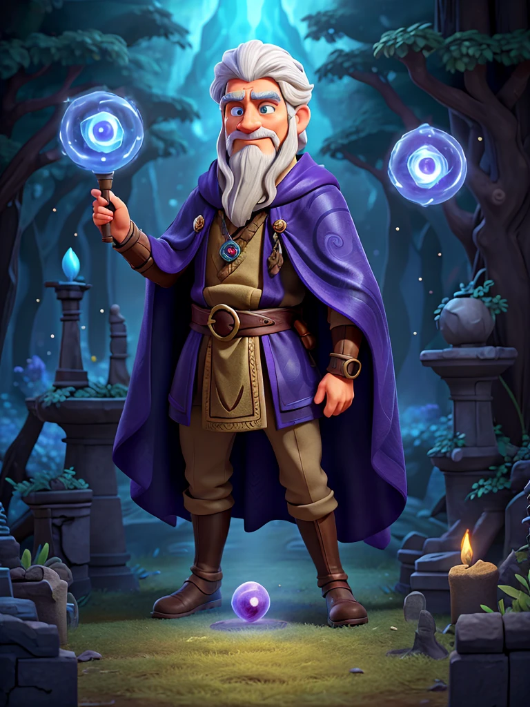 a powerful and wise wizard portrayed in 2D pixel art. Wearing a dark blue cloak with golden arcane symbols, he has glowing purple eyes and carries a rustic staff with a pulsating gem. Moving smoothly as if floating, it launches projectiles of arcane energy and creates magical circles of blue flames. Shrouded in an ethereal air, he is found in enchanted forests and ancient ruins, always seeking lost knowledge and helping those in need with his responsible magic.