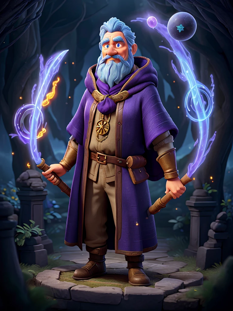 a powerful and wise wizard portrayed in 2D pixel art. Wearing a dark blue cloak with golden arcane symbols, he has glowing purple eyes and carries a rustic staff with a pulsating gem. Moving smoothly as if floating, it launches projectiles of arcane energy and creates magical circles of blue flames. Shrouded in an ethereal air, he is found in enchanted forests and ancient ruins, always seeking lost knowledge and helping those in need with his responsible magic.