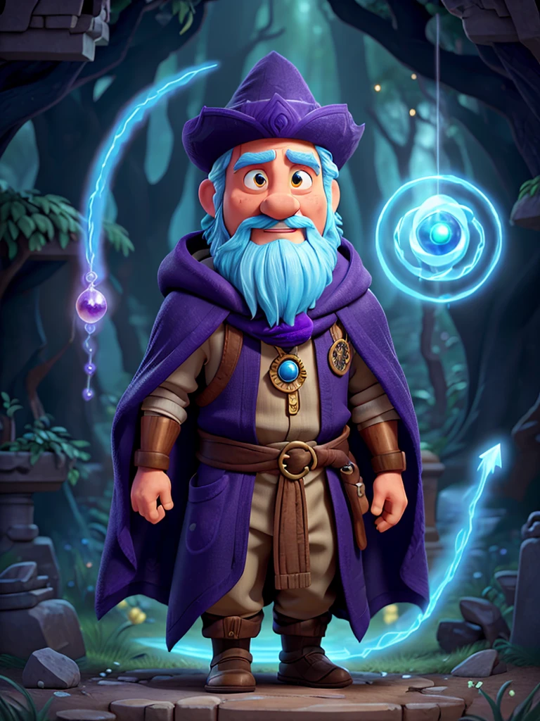 a powerful and wise wizard portrayed in 2D pixel art. Wearing a dark blue cloak with golden arcane symbols, he has glowing purple eyes and carries a rustic staff with a pulsating gem. Moving smoothly as if floating, it launches projectiles of arcane energy and creates magical circles of blue flames. Shrouded in an ethereal air, he is found in enchanted forests and ancient ruins, always seeking lost knowledge and helping those in need with his responsible magic.