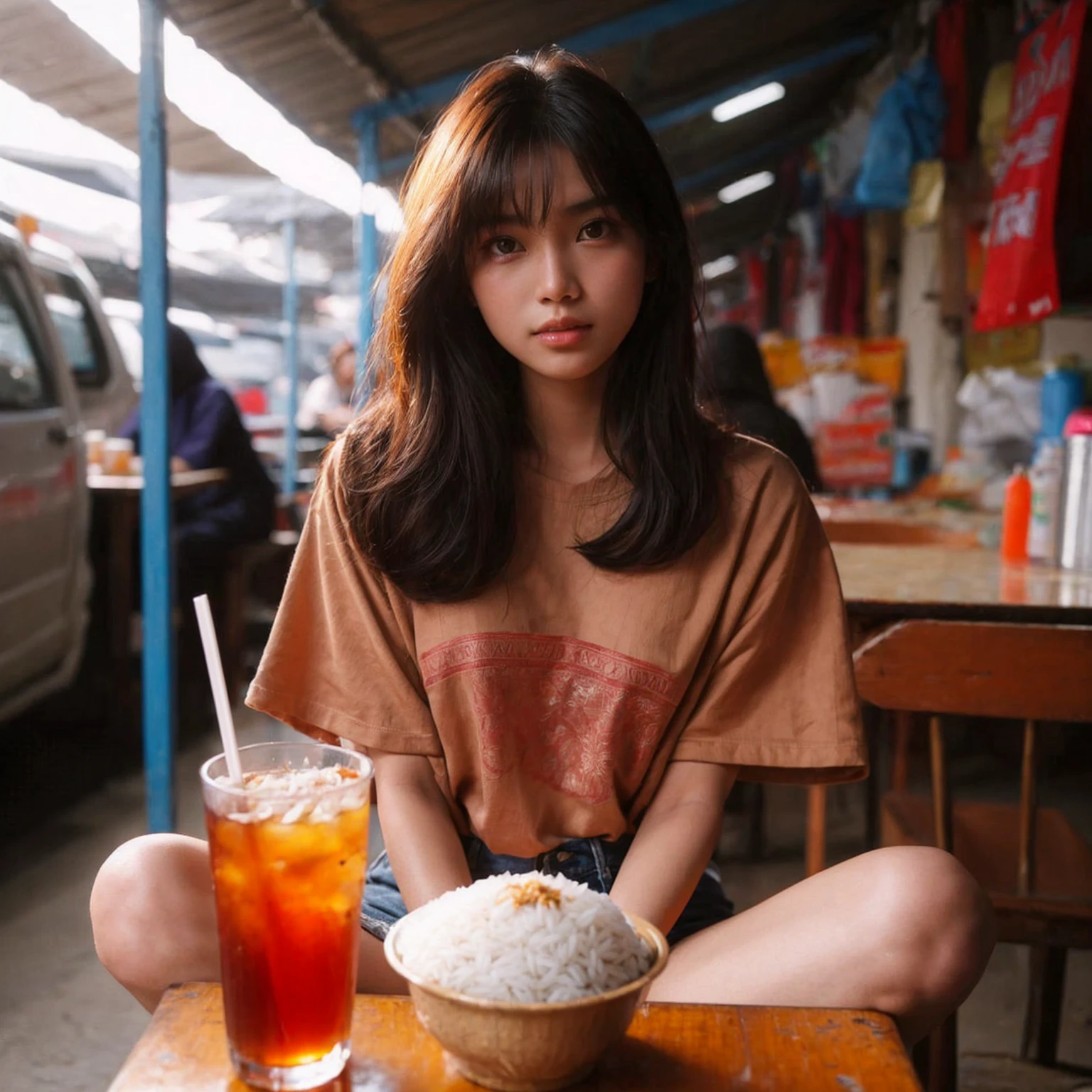 A beautiful young Indonesian girl, sitting at a street food stall in Surabaya city, Indonesia. On the table, there is already nasi rames (mixed rice dish) and iced tea. She is wearing an oversized t-shirt, realistic, UHD, 8K