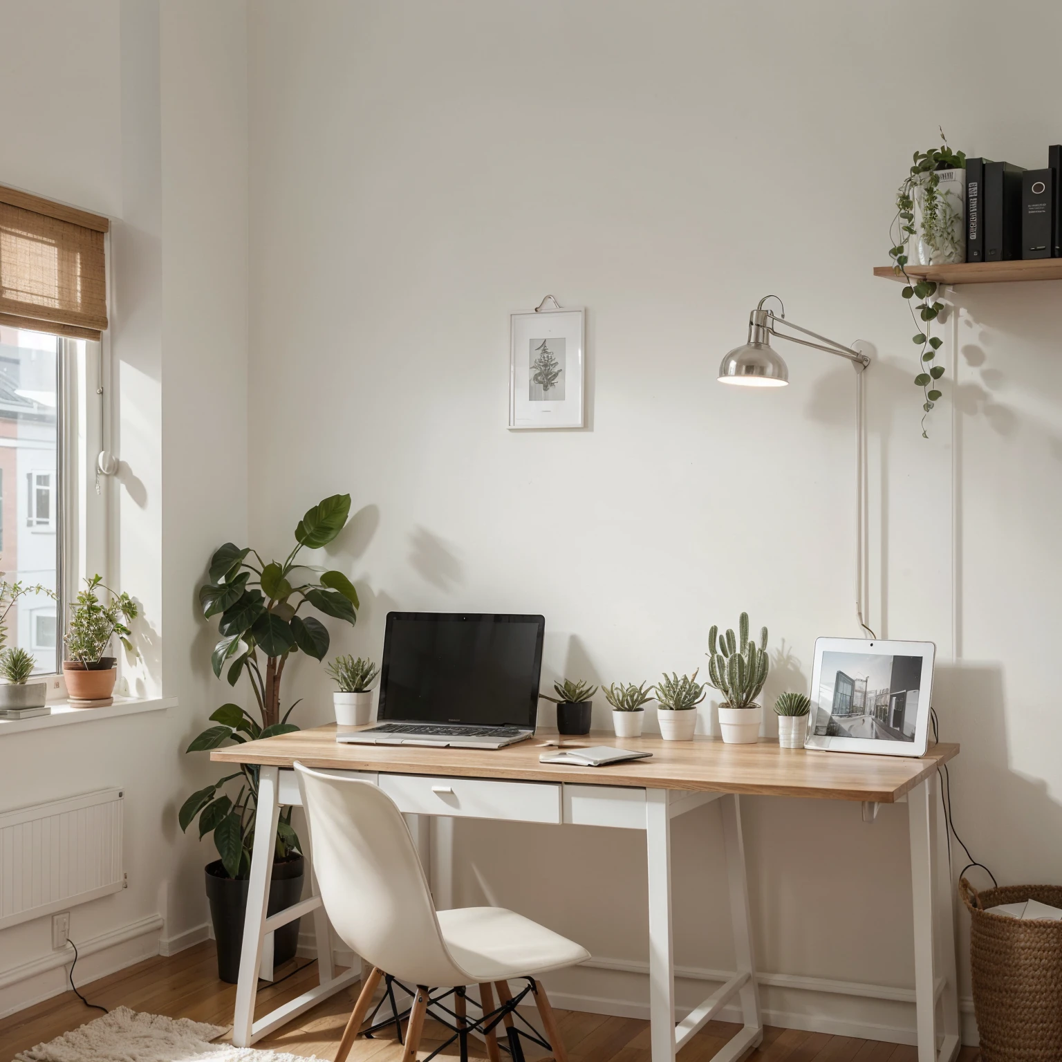 Illustrate a cozy home office setup with a trendy Scandinavian interior design theme. Showcase a minimalist desk with a laptop, notebooks, succulent plants, and soft lighting to evoke a serene and productive atmosphere.