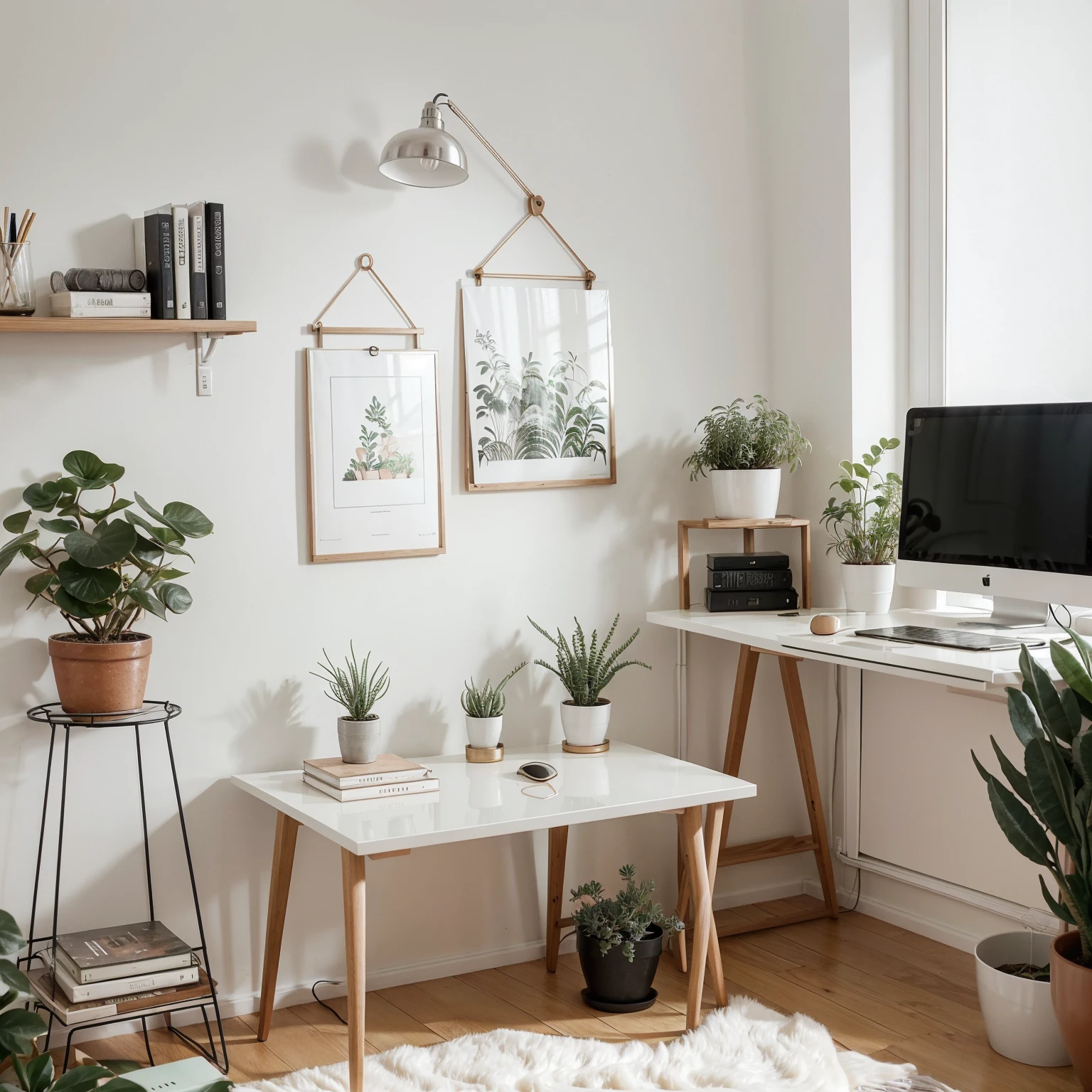 Illustrate a cozy home office setup with a trendy Scandinavian interior design theme. Showcase a minimalist desk with a laptop, notebooks, succulent plants, and soft lighting to evoke a serene and productive atmosphere.