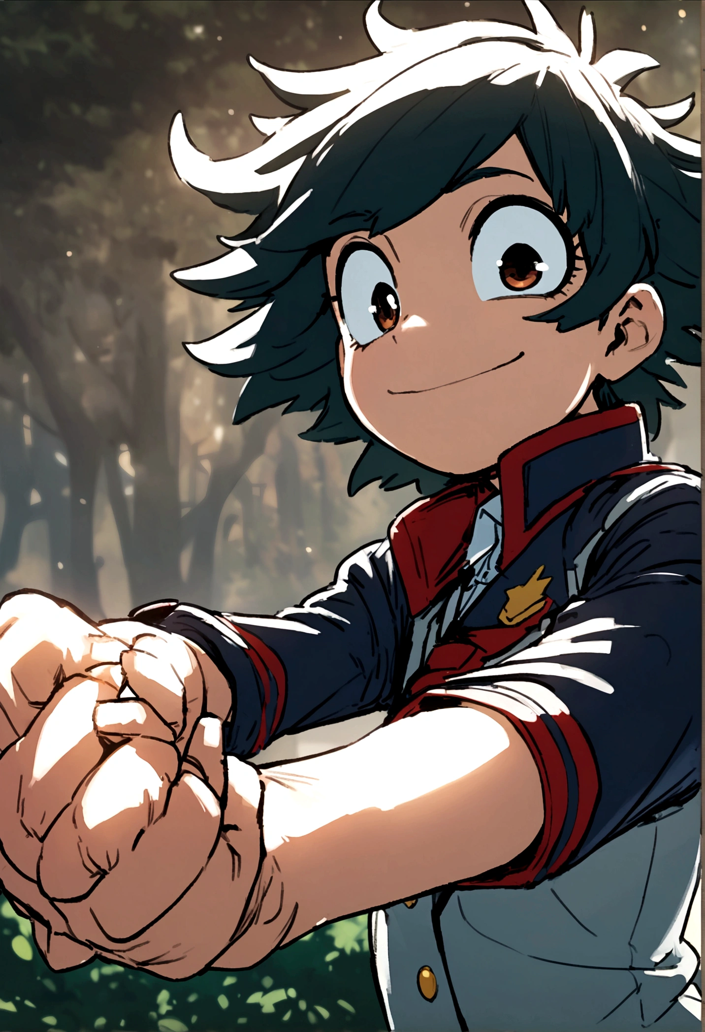 (Manga My hero academy) A girl,large eyes,UA uniform,big, radiant smile,with a fist in his hand raising his arm upwards.